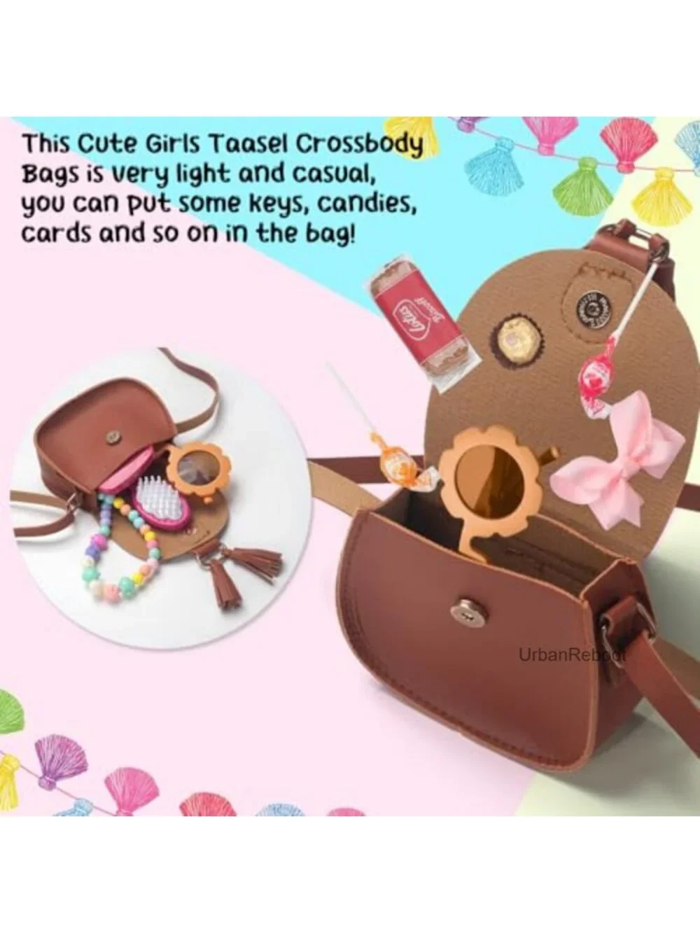 Girls Faux Leather Tassel Crossbody Purse Adjustable Strap Ages 2-14